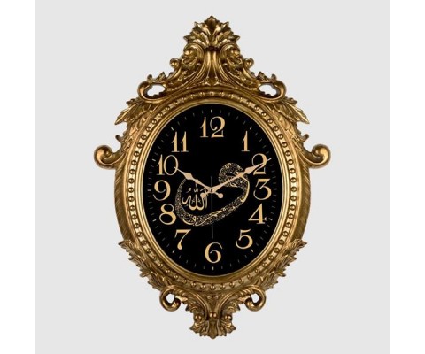 731-VAV DUVAR SAATİ ALTIN SARISI ÇERÇEVE ALLAH /VAV YAZILI ÇAP:73cm x 54cm VİNTAGE TAÇLI EKSİTME DEKORATİF AMERİKAN BRİSTOL KADRAN AKAR SANİYELİ MEKANİZMA AKRİLİK BOYA MİNERAL CAM