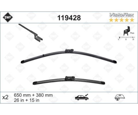 ÖN SİLECEK SÜPÜRGESİ 650/380MM MUZ TİPİ PARTNER TEPE - BERLINGO 08 GRANDE PUNTO -LINEA 08 FIAT 5 00L 12 FIESTA VI 08 CORSA D 06 CORSA E 14 AVEO 11 MITO 09 SWF