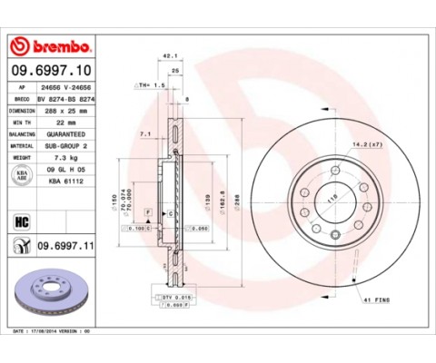 ÖN FREN AYNASI VECTRA B 96 02 SAAB 9-2/9-3 93 03 288x25x7DLxHAVALI 32025723-569357-93182306