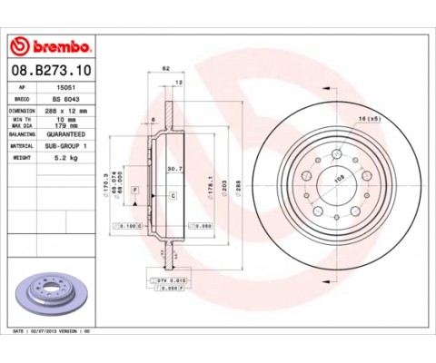 ARKA FREN AYNASI VOLVO S60 01-10 S70 01-05 S80 98-06 XC70 00-07 288x12x5DL DELYKLY