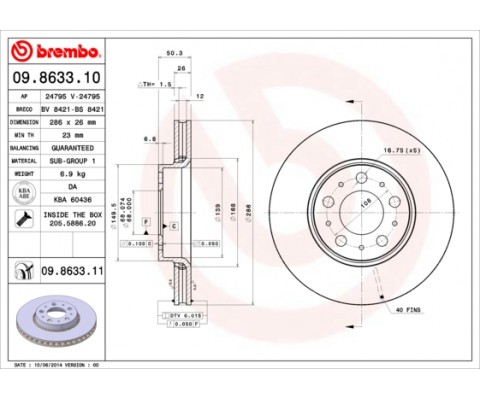 ÖN FREN AYNASI VOLVO S60 00-10 S80 98-06 V70 97-07 XC70 00-07 285x5DL KÜÇÜK TİP