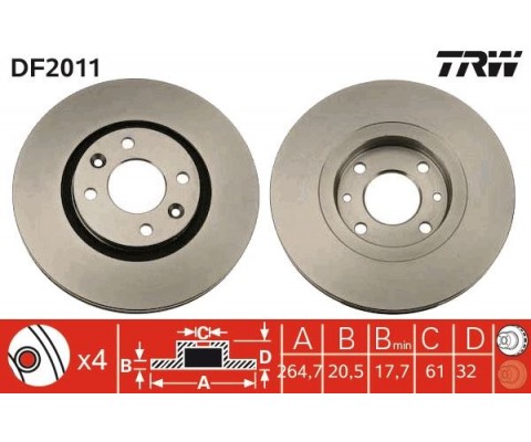 ÖN FREN AYNASI R21 89 94 2.0ie 2.1 D TURBO 264.5x20.5x4DELİK