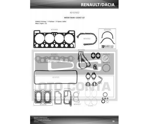 MOTOR TAKIM CONTASI R9 1.6 FAIRWAY-OPTİMA KEÇELİ SUBAP LASTİKLİ