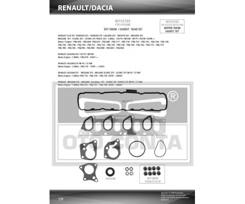 MOTOR TAKIM CONTA SKC SİZ MEGANE I-II SCENIC I-II CLIO II-LAGUNA I-II KANGOO 96 VİVARO A-MOVANO A-CARISMA-SPACE STAR MPV-PRİMERA VOLVO S40 96 1.9dCi F9Q