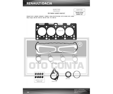 MOTOR TAKIM CONTA MEGANE II 02 CLIO II 98 SCENIC II 03 KANGOO 01 CLIO SYMBOL I 01 09 MICRA III K12 03 10 1.5dCi K9K TEFLON KEÇELİ SUBAP LASTİKLİ SKC Lİ