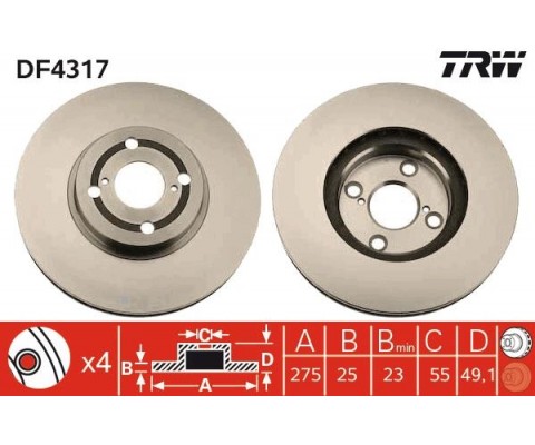 ÖN FREN AYNASI COROLLA 1.4 D-2.0 D E12 07/04 1.8 VVTL-İ TS 02 275x25x4DLxHAVALI