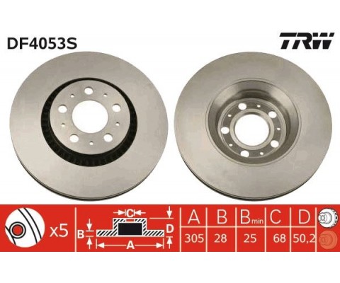 ÖN FREN AYNASI VOLVO S60 00-10 S80 98-06 V70 97-07 XC70 00-07 305x25x5DLx BÜYÜK TİP DELİKLİ -986478494-DF4053S