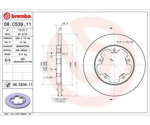 ARKA FREN DISKI TRANSIT V363 14 TEK TEKER A.CEKER DUZ 308MM 5 BIJON