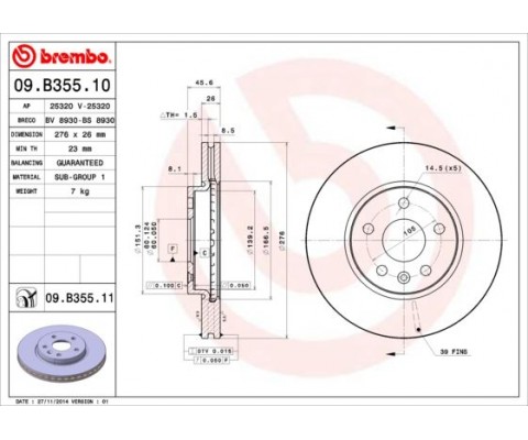 ÖN FREN AYNASI ASTRA J 10 CRUZE 09 AVEO 11 276x26x5DL 15 İNÇ HAVALI 95526655